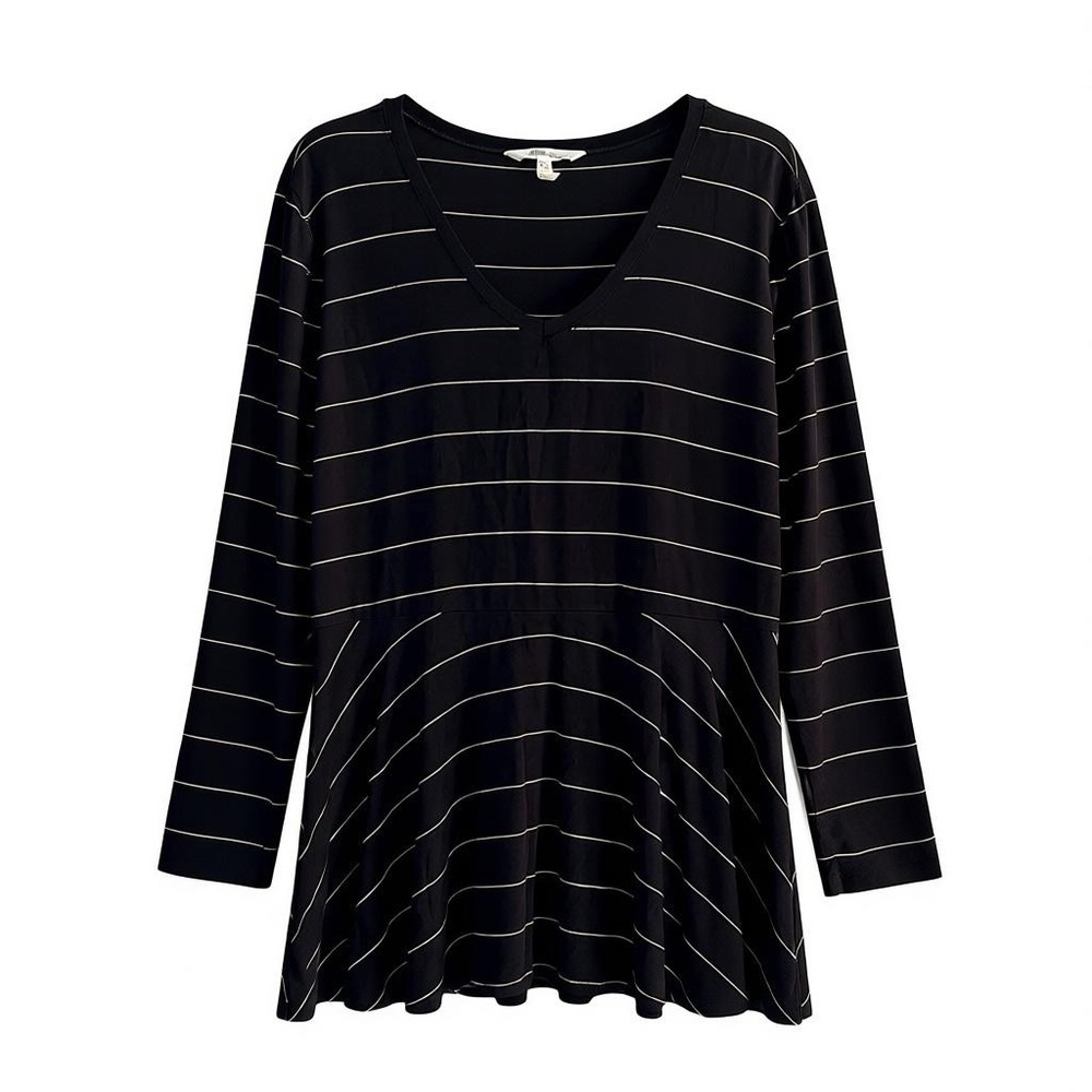 Matilda Jane Black Gold Striped Peplum Tunic Top Size Large Long Sleeve V Neck